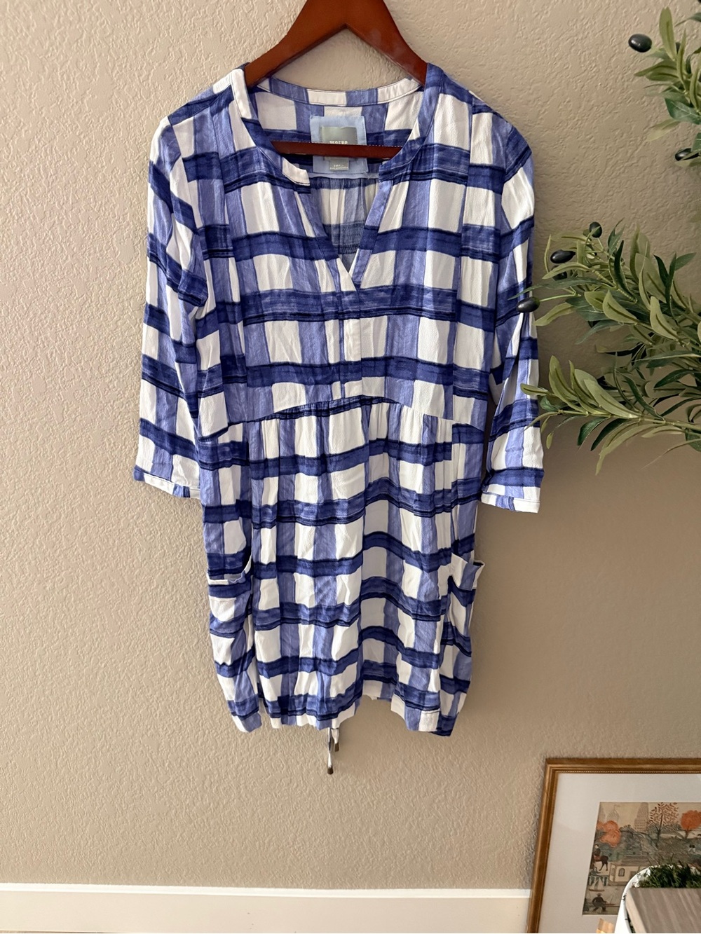 Anthropologie Maeve Blue White Plaid Check Drawstring Mini Dress Size Small